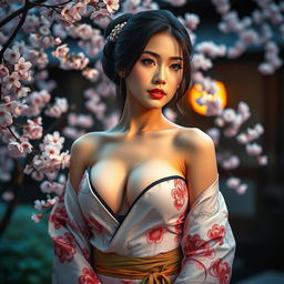 A stunning depiction of a beautiful Japanese woman with alluring features, highlighted by her elegant posture