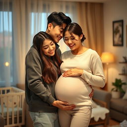 A romantic scene of a beautiful young couple in love, Son Heung-min and his partner, joyfully anticipating the arrival of their baby