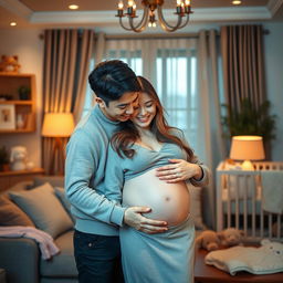 A romantic scene of a beautiful young couple in love, Son Heung-min and his partner, joyfully anticipating the arrival of their baby