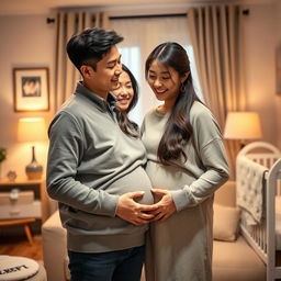 A romantic scene of a beautiful young couple in love, Son Heung-min and his partner, joyfully anticipating the arrival of their baby