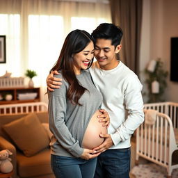 A romantic scene of a beautiful young couple in love, Son Heung-min and his partner, joyfully anticipating the arrival of their baby