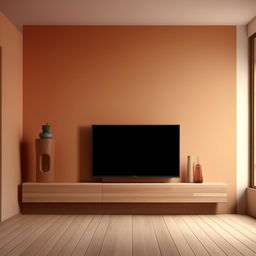 Design a simple modern wall in a living room with dimensions 14ft x 10ft, featuring a 3.5ft x 7ft entrance and an integrated tv unit. The style should be minimalistic.