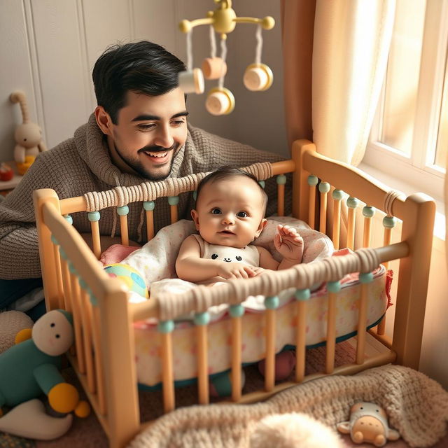 An adorable scene showcasing the baby of Yamal and Endrik, a charming infant with delicate features, nestled peacefully in a cozy, colorful crib