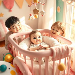 An adorable scene showcasing the baby of Yamal and Endrik, a charming infant with delicate features, nestled peacefully in a cozy, colorful crib