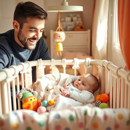 An adorable scene showcasing the baby of Yamal and Endrik, a charming infant with delicate features, nestled peacefully in a cozy, colorful crib