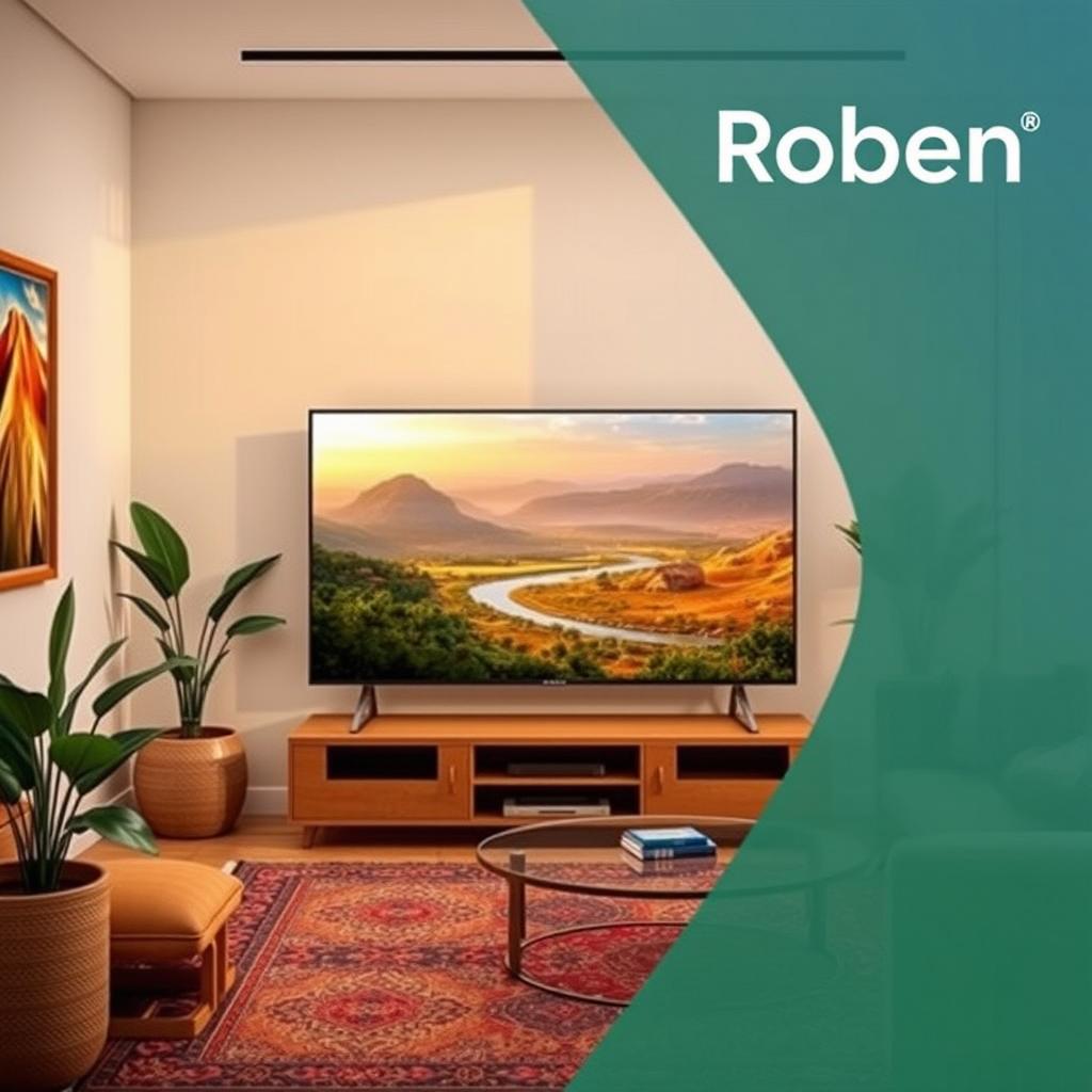 A vibrant and eye-catching advertisement for a television featuring the brand "Roben"