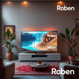 A vibrant and eye-catching advertisement for a television featuring the brand "Roben"