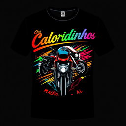 Generate an image of a T-shirt featuring a colorful design for a high-speed motorcycle group named **Os Coloridinhos**, based in **Maceió-AL, Brazil**