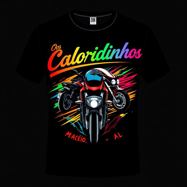 Generate an image of a T-shirt featuring a colorful design for a high-speed motorcycle group named **Os Coloridinhos**, based in **Maceió-AL, Brazil**