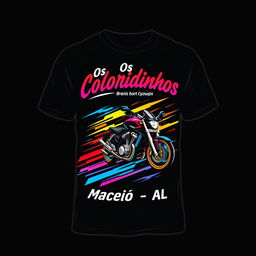 Generate an image of a T-shirt featuring a colorful design for a high-speed motorcycle group named **Os Coloridinhos**, based in **Maceió-AL, Brazil**