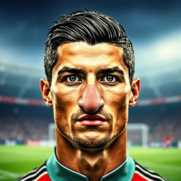 A surreal and artistic portrait combining the face of Cristiano Ronaldo with the distinctly shaped nose of Alireza Beiranvand