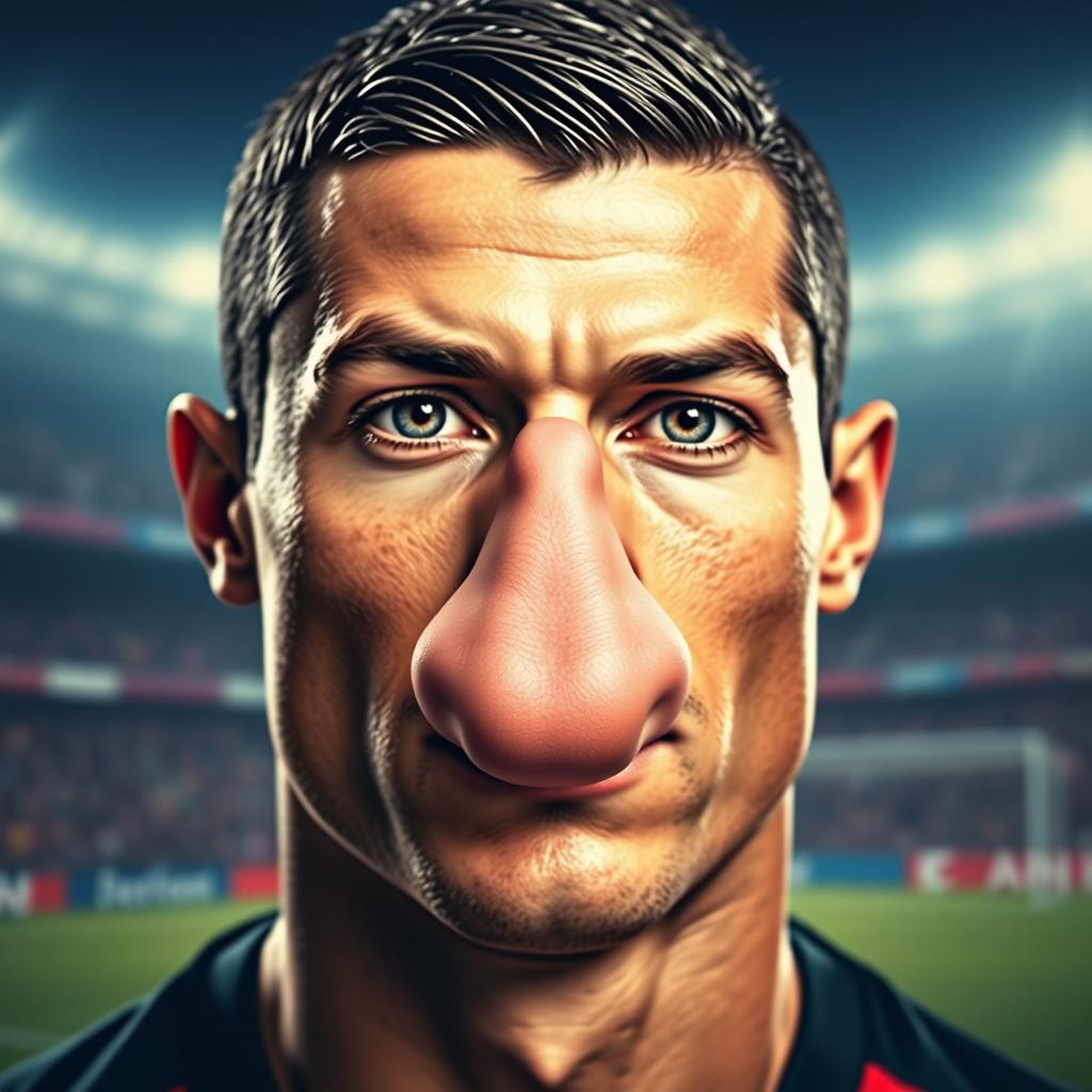 A surreal and artistic portrait combining the face of Cristiano Ronaldo with the distinctly shaped nose of Alireza Beiranvand