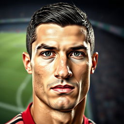 A surreal and artistic portrait combining the face of Cristiano Ronaldo with the distinctly shaped nose of Alireza Beiranvand