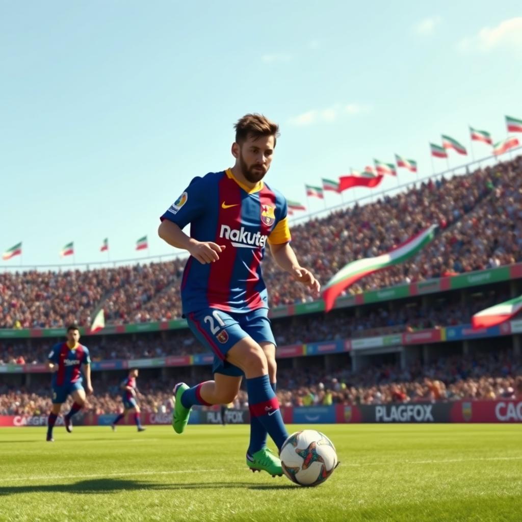 A dynamic depiction of Lionel Messi wearing the uniform of Mes Rafsanjan Football Club, showcasing him in action on the field