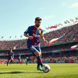 A dynamic depiction of Lionel Messi wearing the uniform of Mes Rafsanjan Football Club, showcasing him in action on the field