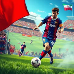 A dynamic depiction of Lionel Messi wearing the uniform of Mes Rafsanjan Football Club, showcasing him in action on the field