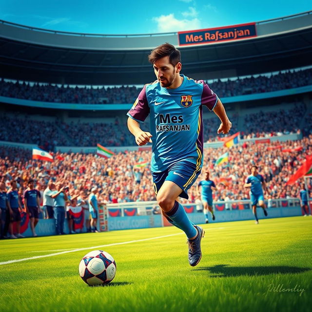 A dynamic depiction of Lionel Messi wearing the uniform of Mes Rafsanjan Football Club, showcasing him in action on the field