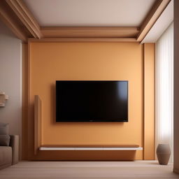 Design a simple modern wall in a living room with dimensions 14ft x 10ft, featuring a 3.5ft x 7ft entrance and an integrated tv unit. The style should be minimalistic.