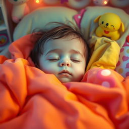 A small child lying peacefully in their bed, surrounded by bright and colorful blankets