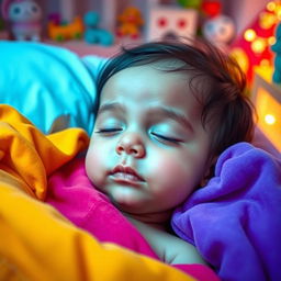 A small child lying peacefully in their bed, surrounded by bright and colorful blankets