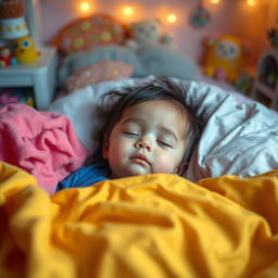 A small child lying peacefully in their bed, surrounded by bright and colorful blankets