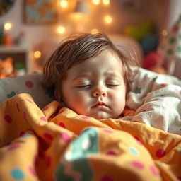 A small child lying peacefully in their bed, surrounded by bright and colorful blankets