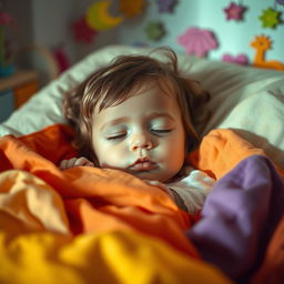 A small child lying peacefully in their bed, surrounded by bright and colorful blankets