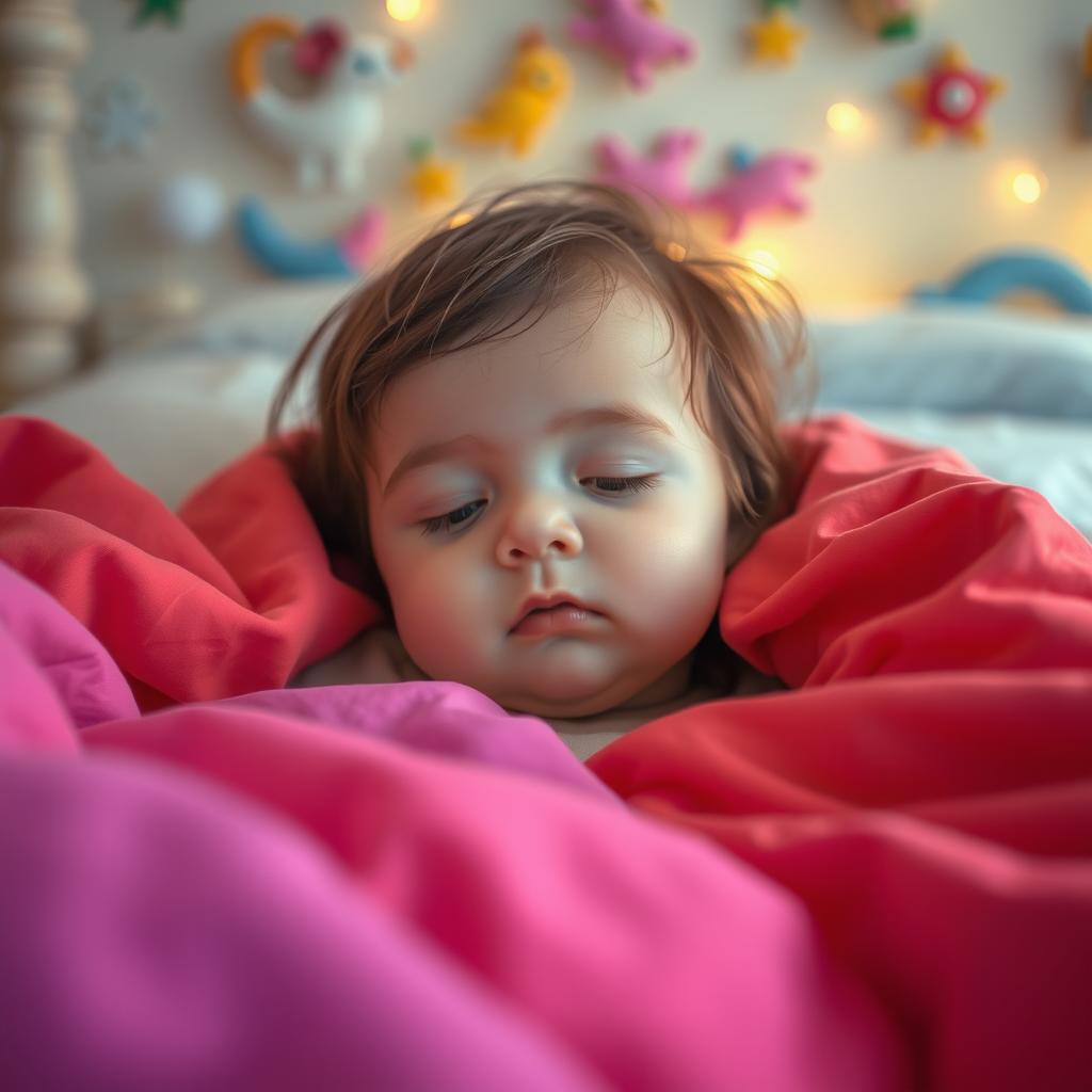 A small child lying peacefully in their bed, surrounded by bright and colorful blankets