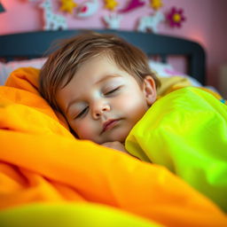 A small child lying peacefully in their bed, surrounded by bright and colorful blankets