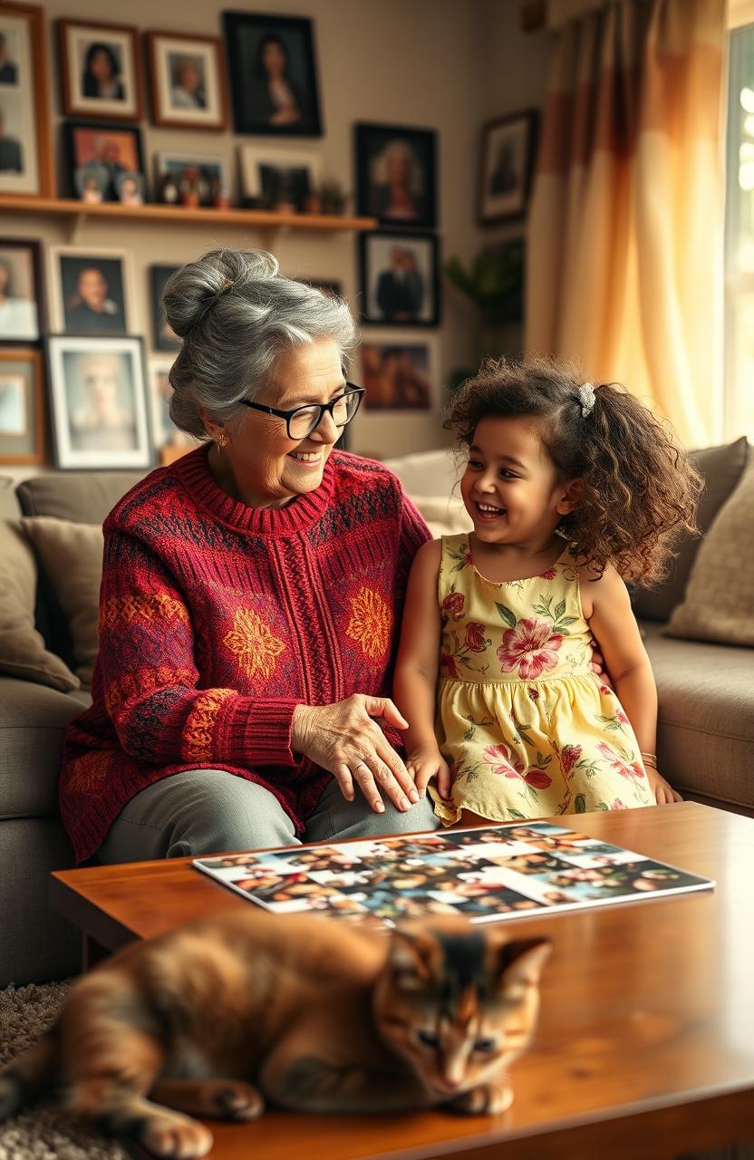 A heartwarming scene of a grandmother and her granddaughter sitting together in a cozy living room