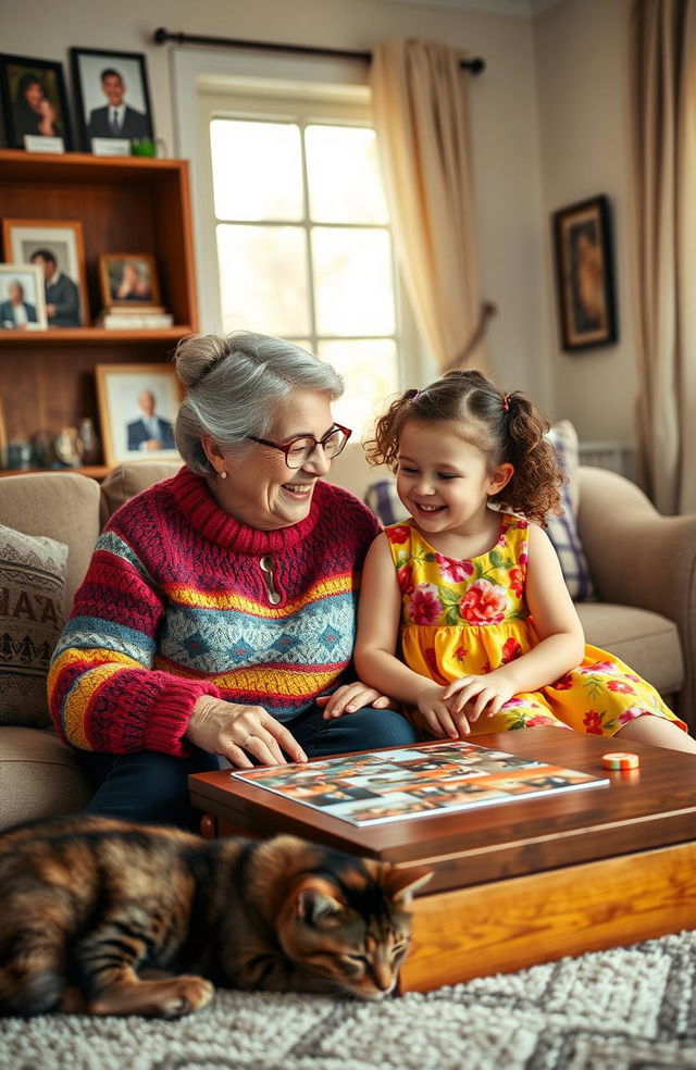 A heartwarming scene of a grandmother and her granddaughter sitting together in a cozy living room