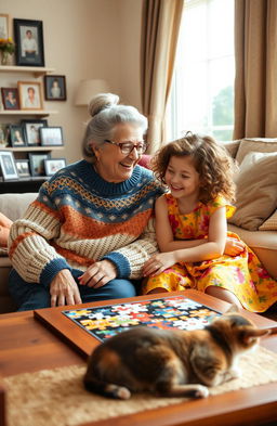 A heartwarming scene of a grandmother and her granddaughter sitting together in a cozy living room