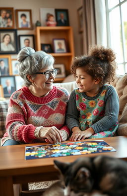 A heartwarming scene of a grandmother and her granddaughter sitting together in a cozy living room