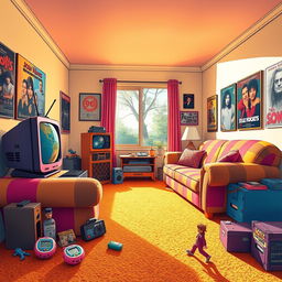 A vibrant and nostalgic scene depicting a classic 90's living room featuring iconic furniture and decor from that era