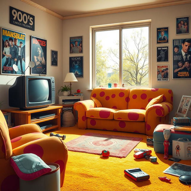 A vibrant and nostalgic scene depicting a classic 90's living room featuring iconic furniture and decor from that era