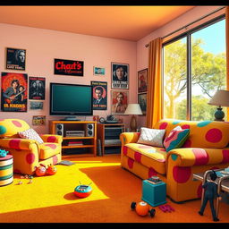 A vibrant and nostalgic scene depicting a classic 90's living room featuring iconic furniture and decor from that era