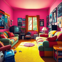 A vibrant and nostalgic scene depicting a classic 90's living room featuring iconic furniture and decor from that era