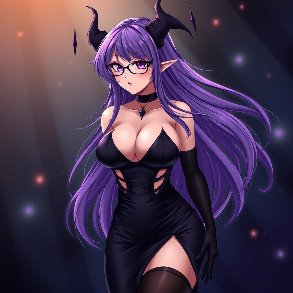 A sexy demonic anime girl witch with long, flowing purple hair styled elegantly, complemented by fashionable glasses that enhance her captivating look