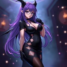 A sexy demonic anime girl witch with long, flowing purple hair styled elegantly, complemented by fashionable glasses that enhance her captivating look