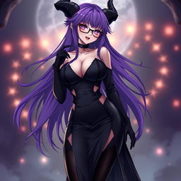 A sexy demonic anime girl witch with long, flowing purple hair styled elegantly, complemented by fashionable glasses that enhance her captivating look