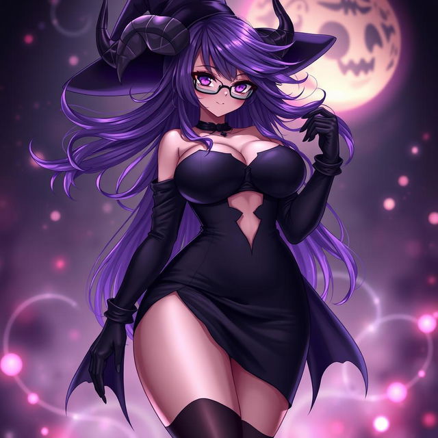 A sexy demonic anime girl witch with long, flowing purple hair styled elegantly, complemented by fashionable glasses that enhance her captivating look