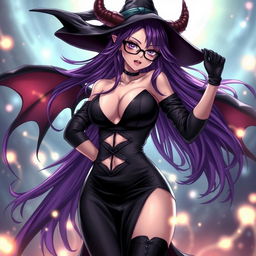 A sexy demonic anime girl witch featuring long, flowing purple hair and fashionable glasses