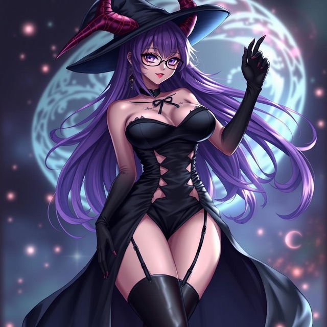 A sexy demonic anime girl witch featuring long, flowing purple hair and fashionable glasses