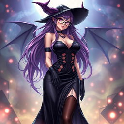 A sexy demonic anime girl witch featuring long, flowing purple hair and fashionable glasses
