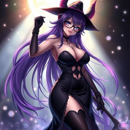 A sexy demonic anime girl witch featuring long, flowing purple hair and fashionable glasses