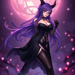 A sexy demonic anime girl witch with long, flowing purple hair styled beautifully and framed by fashionable glasses