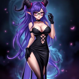 A sexy demonic anime girl witch with long, flowing purple hair styled beautifully and framed by fashionable glasses