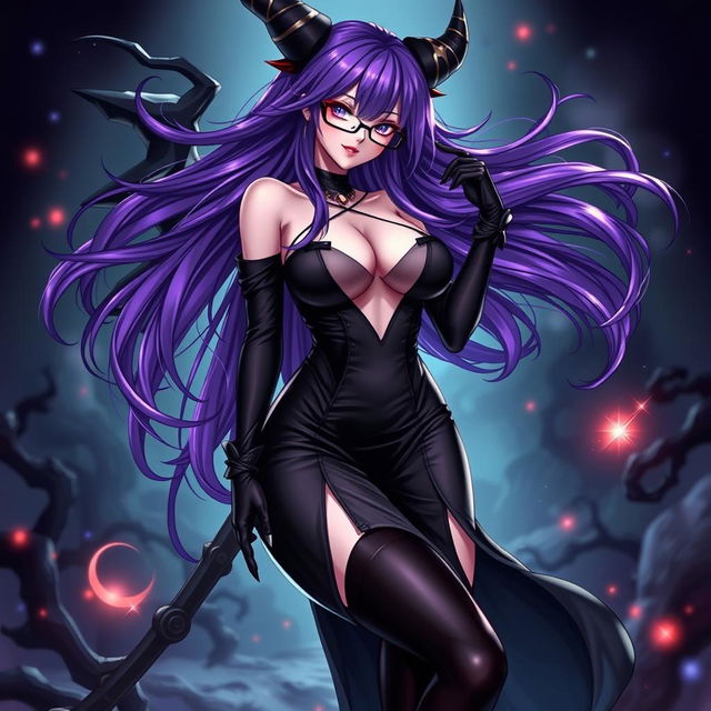 A sexy demonic anime girl witch with long, flowing purple hair styled beautifully and framed by fashionable glasses