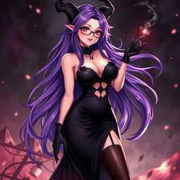 A sexy demonic anime girl witch with long, flowing purple hair styled beautifully and framed by fashionable glasses