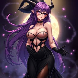 A sexy demonic anime girl witch with long, flowing purple hair and stylish glasses, emphasizing her enchanting allure